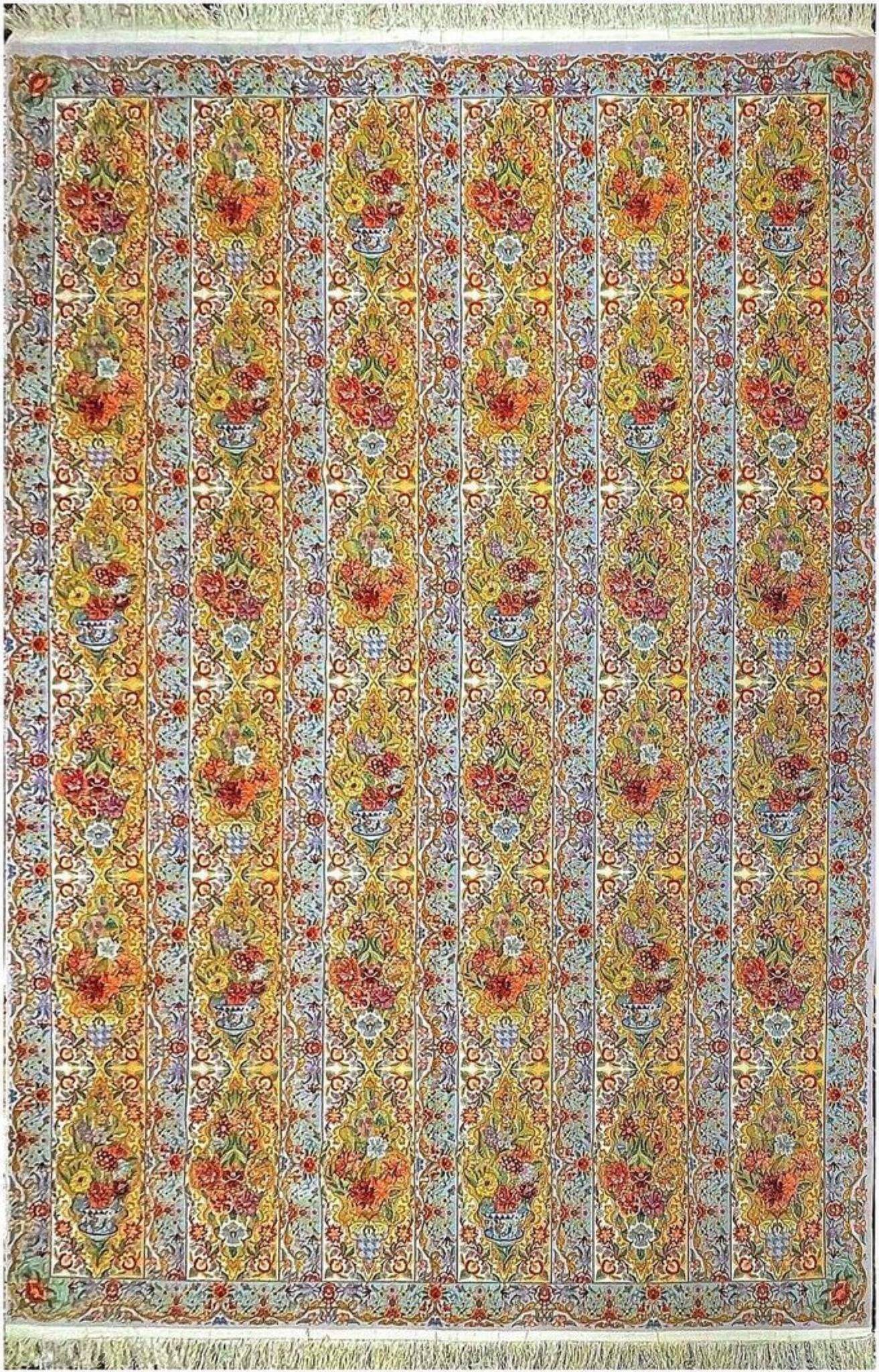 "Authentic hand-knotted Persian rug in Isfahan design with silk and wool pile, 350 cm x 250 cm."